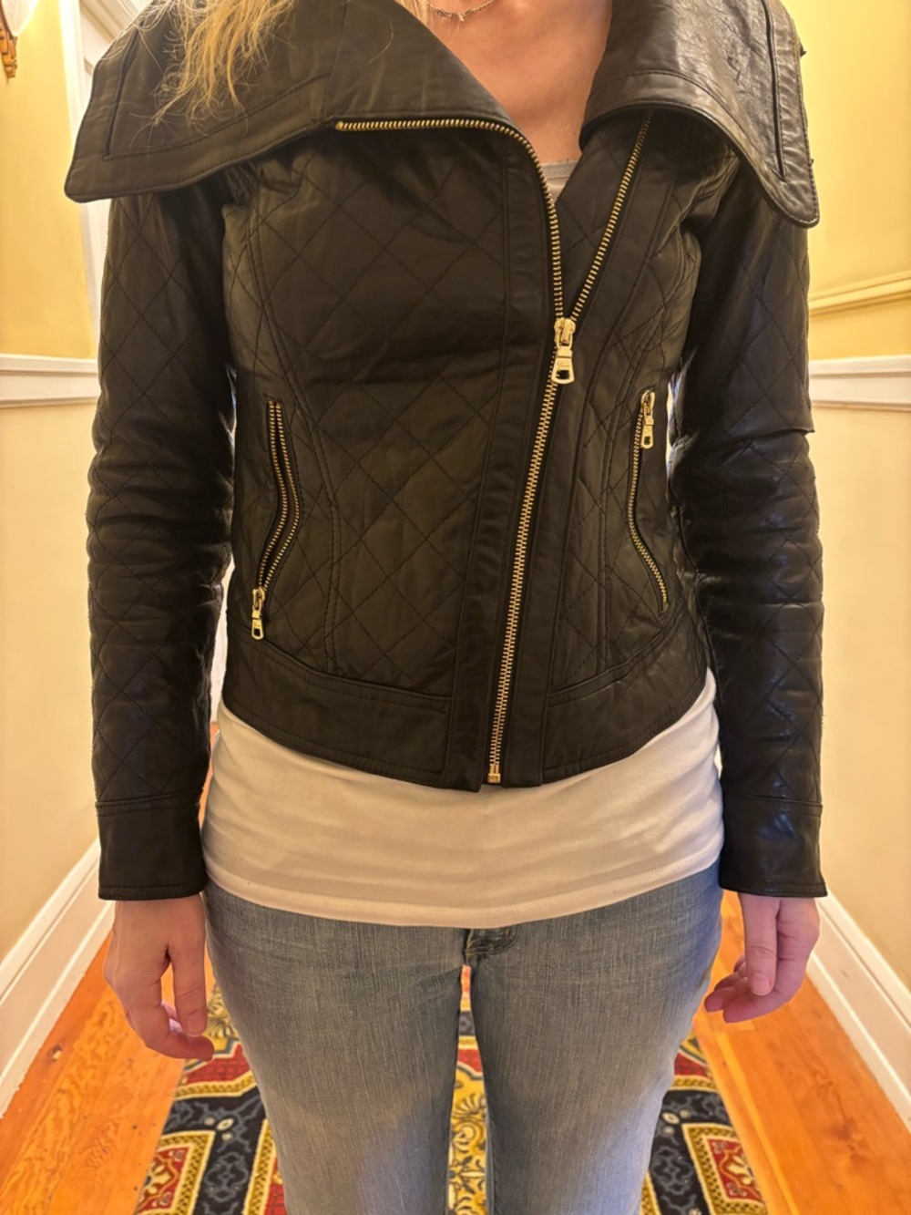 Y2K Vintage Guess Black Quilted Leather Zip-Front Jacket with Gold Hardware